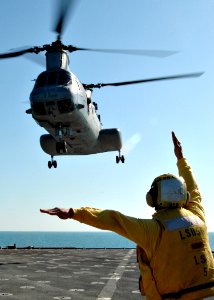 US Navy 090109-N-9134V-029 Boatswain's Mate 2nd Class Joshua Hayes, from Jasper, Ala., directs a CH-46E helicopter from Marine Medium Helicopter Squadron (HMM) 264 aboard the amphibious dock landing ship USS Carter Hall (LSD 50
