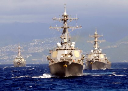 US Navy 090115-N-9758L-620 Guided-missile destroyers USS Paul Hamilton (DDG 60), USS Hopper (DDG 70), and USS Russell (DDG 59) sail in formation during the Commander, Naval Surface Group Middle Pacific Surface Combatant Group S