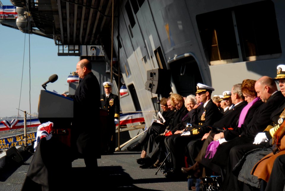 US Navy 090110-N-5735P-159 Secretary of the Navy Donald C. Winter addresses the audience at the commissioning ceremony of USS George H.W. Bush (CVN 77)