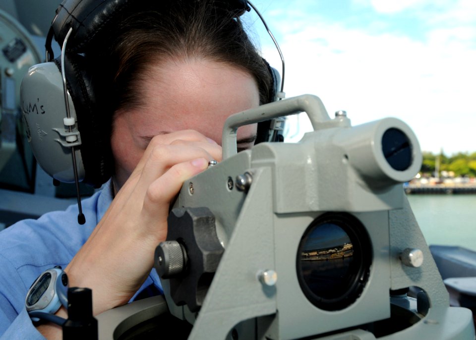 US Navy 090112-N-0879R-002 Operations Specialist 3rd Class Cassandra Roper stands starboard bridge watch