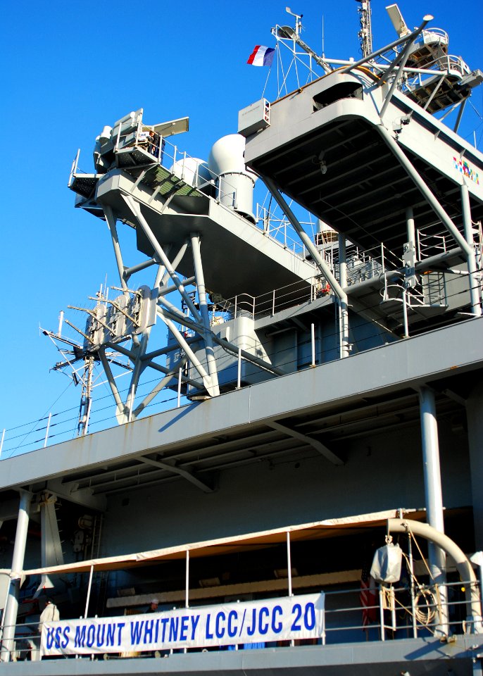 US Navy 090113-N-4044H-012 USS Mount Whitney (LCC 20) flies the French Flag while in port visiting Marseille