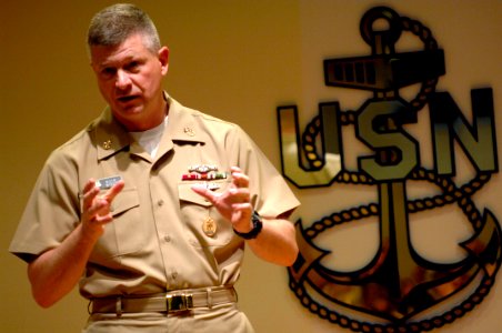 US Navy 090114-N-9818V-174 Master Chief Petty Officer of the Navy (MCPON) Rick D. West speaks with the Senior Enlisted Academy (SEA) class 143 at Naval Station Newport