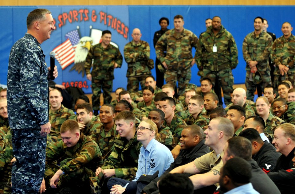 US Navy 090120-N-0807W-072 Donned in the Navy working uniform, U.S. Pacific Fleet Master Chief Tom Howard speaks to Sailors at an E-6 and below call at Fleet Activities Sasebo