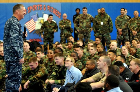 US Navy 090120-N-0807W-072 Donned in the Navy working uniform, U.S. Pacific Fleet Master Chief Tom Howard speaks to Sailors at an E-6 and below call at Fleet Activities Sasebo