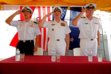 US Navy 110630-N-TY225-046 Republic of Singapore navy Rear Adm. Harris Chan, commander of Combined Task Force (CTF) 151, left