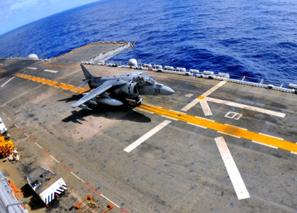 US Navy 090113-N-4774B-017 An AV-8B Harrier II jet takes off from the flight deck of USS Boxer (LHD 4)