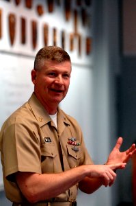 US Navy 090114-N-9818V-304 Master Chief Petty Officer of the Navy (MCPON) Rick D. West speaks with the Prospective Commanding Officer, Prospective Executive Officer class at Naval Station Newport