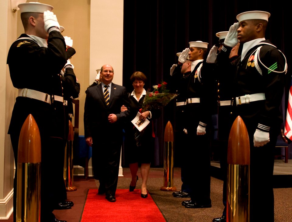 US Navy 090123-N-7090S-354 Secretary of the Navy (SECNAV) the Honorable Dr. Donald C. Winter and his wife are piped ashore at the conclusion of a farewell ceremony at the Marine Barracks at 8th and I Streets in Washington