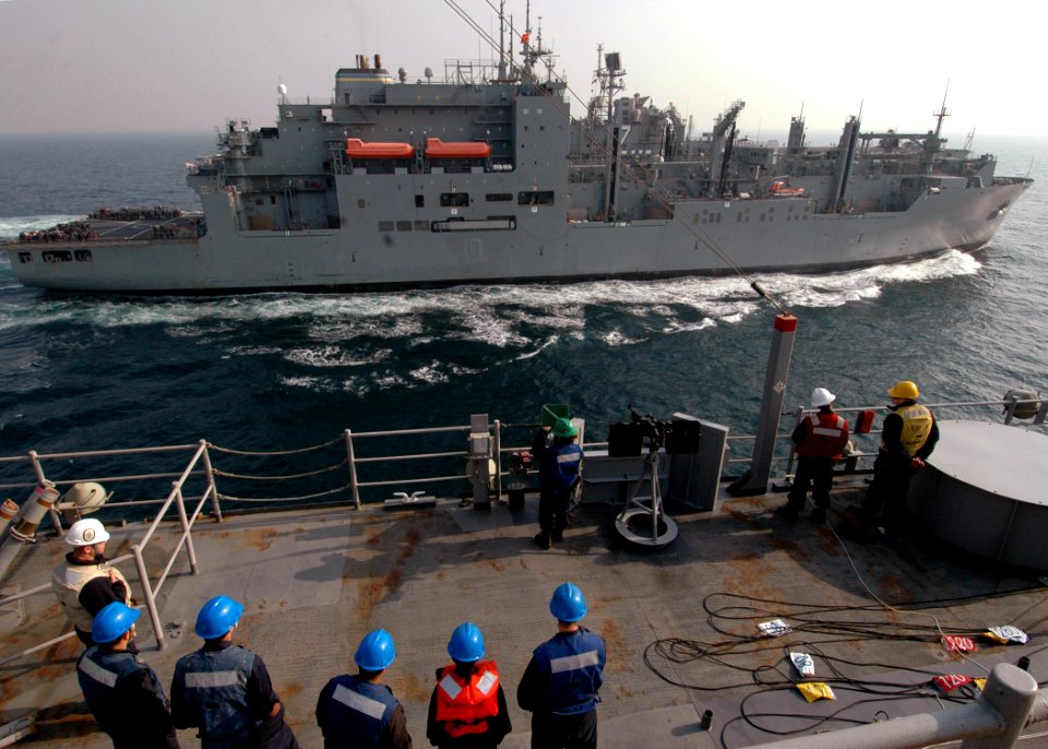 US Navy 090121-N-9134V-026 The amphibious dock landing ship USS Carter Hall (LSD 50) conducts a replenishment-at-sea with the Military Sealift Command dry cargo-ammunition ship USNS Lewis and Clark (T-AKE 1)