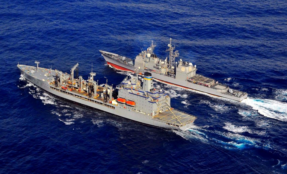 US Navy 090124-N-4774B-047 The guided-missile cruiser USS Lake Champlain (CG 57), right, pulls alongside the Military Sealift Command fleet replenishment oiler USNS John Ericsson (T-AO 194)