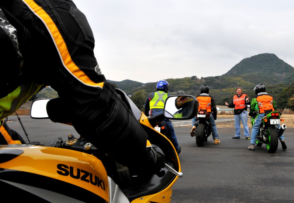 US Navy 090122-N-0807W-374 Senior Motorcycle Safety Foundation instructor Wendel Dunn gives instruction to riders during the hands-on range session of the Military Sport Bike Course at Fleet Activities Sasebo