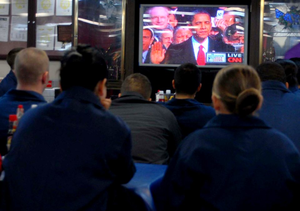 US Navy 090120-N-0515W-019 ailors watch the inauguration of President Barack H. Obama aboard the amphibious assault ship USS Bonhomme Richard (LHD 6)