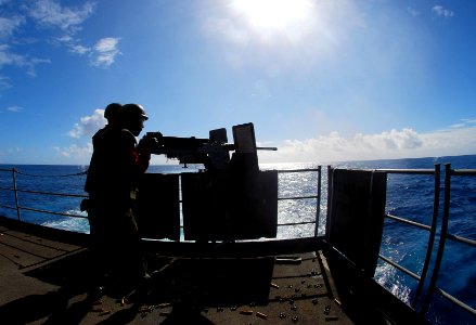 US Navy 090123-N-6597H-394 Aviation Ordnanceman 3rd Class David Kopp, from Killeen, Texas, fires a .50-caliber machine gun at a