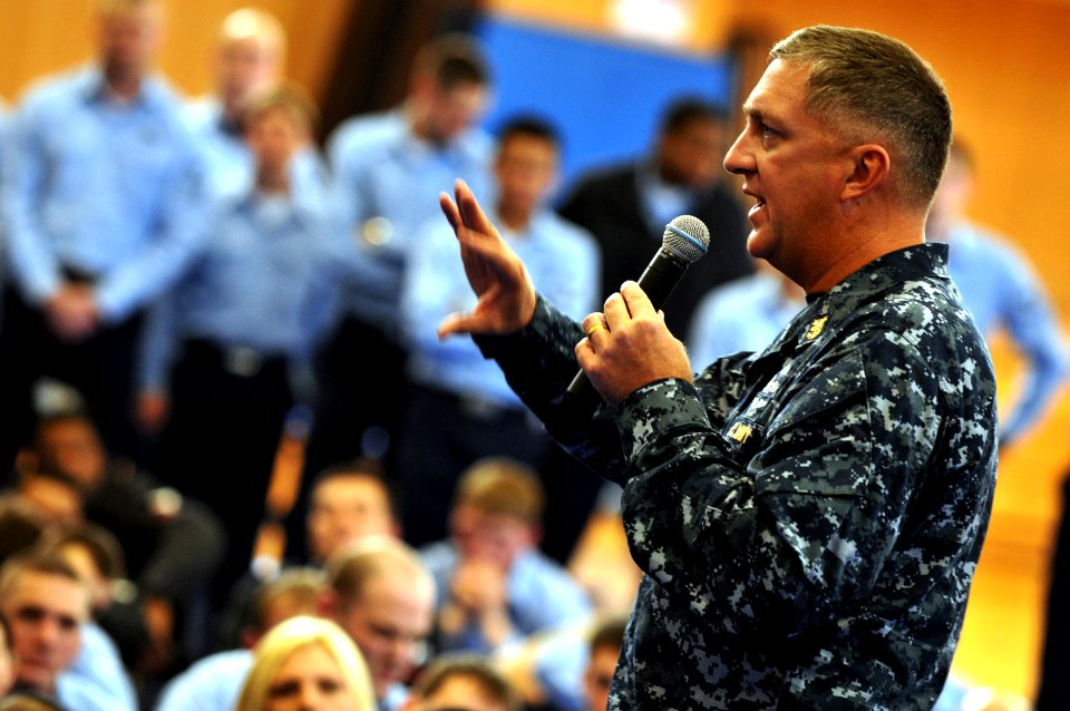 US Navy 090120-N-0807W-205 Pacific Fleet Master Chief Tom Howard speaks to Sailors at an E-6 and below call at Fleet Activities Sasebo