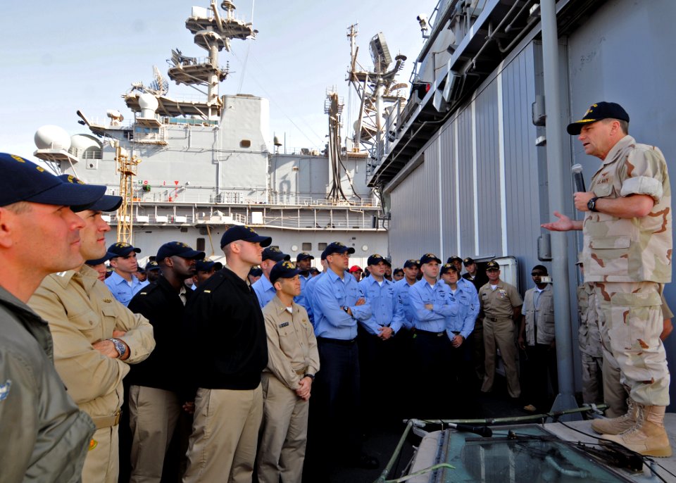 US Navy 090126-N-1082Z-043 Vice Adm. William E. Gortney, commander of U.S. 5th Fleet, speaks to Sailors aboard the guided-missile cruiser USS Vella Gulf (CG 72)