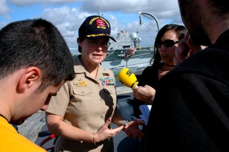 US Navy 090128-N-1655H-007 Capt. Cindy Thebaud meets with Spanish media aboard USS Nashville (LPD 13)