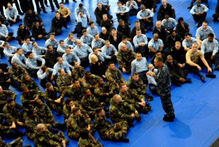 US Navy 090120-N-6936D-012 Pacific Fleet Master Chief Tom Howard speaks to Sailors at an E-6 and below call at Fleet Activities Sasebo