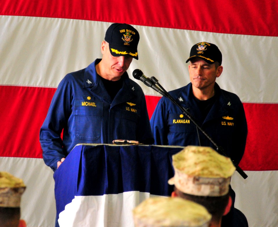 US Navy 110714-N-ZS026-261 Capt. Frank Michael, left, commanding officer of the amphibious assault ship USS Boxer (LHD 4)