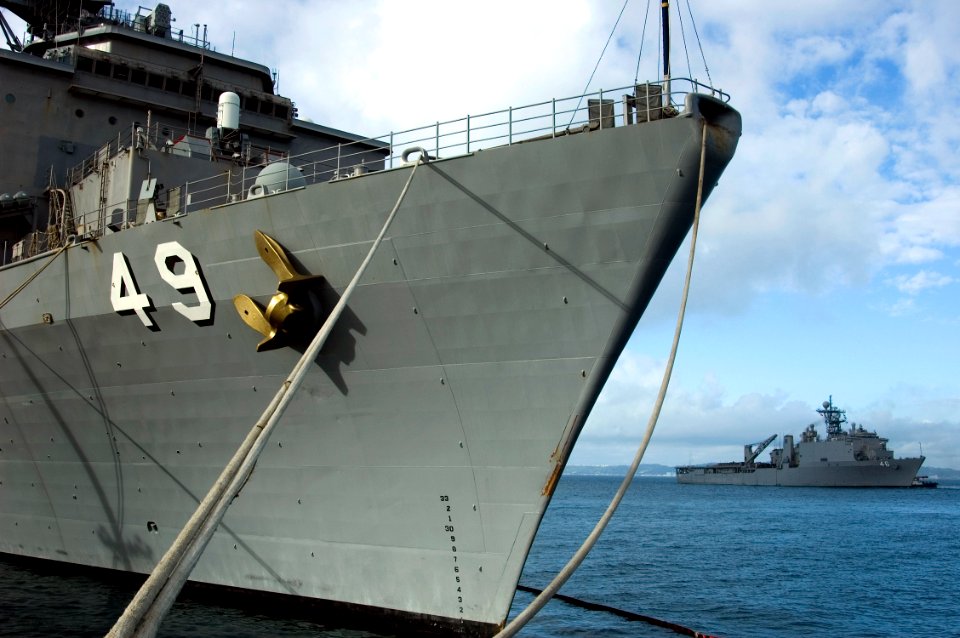 US Navy 090129-N-1251W-002 The amphibious dock landing ship USS Tortuga (LSD 46) departs White Beach Naval Facility, Okinawa after embarking the 31st Marine Expeditionary Unit