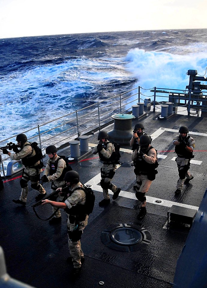 US Navy 090127-N-4774B-029 Sailors aboard the guided-missile cruiser USS Lake Champlain (CG 57) rehearse procedures during a visit, board, search, and seizure exercise