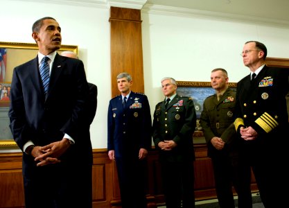 US Navy 090128-N-0696M-200 President Barack Obama addresses the media during his first visit to the Pentagon since becoming commander-in-chief photo