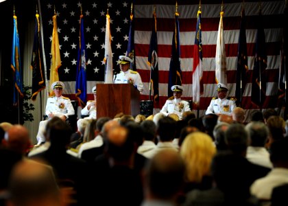 US Navy 110916-N-NY820-049 Rear Adm. Mark Boensel, departing commander of Navy Region Mid-Atlantic, speaks during his change of command and retirem