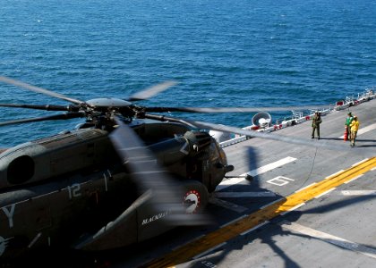 US Navy 090128-N-5681S-023 An MH-53 Sea Dragon lands aboard USS Iwo Jima (LHD 7)