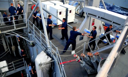 US Navy 090128-N-4774B-051 Sailors unload cases of bottled water during a replenishment at sea