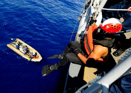 US Navy 110927-N-WJ771-064 Electronics Technician 3rd Class Jonathan A. Simmons prepares to enter the water during a man overboard drill aboard USS