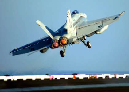 US Navy 090131-N-7571S-001 An F-A-18 Super Hornet launches from USS Theodore Roosevelt (CVN 71)