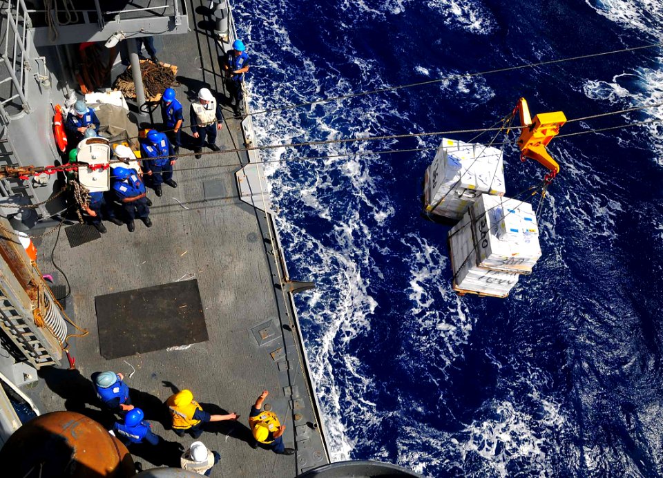 US Navy 090128-N-4774B-048 Sailors aboard the guided-missile cruiser USS Lake Champlain (CG 57) receive supplies over a span wire from the Military Sealift Command combat stores ship USNS San Jose (T-AFS 7)