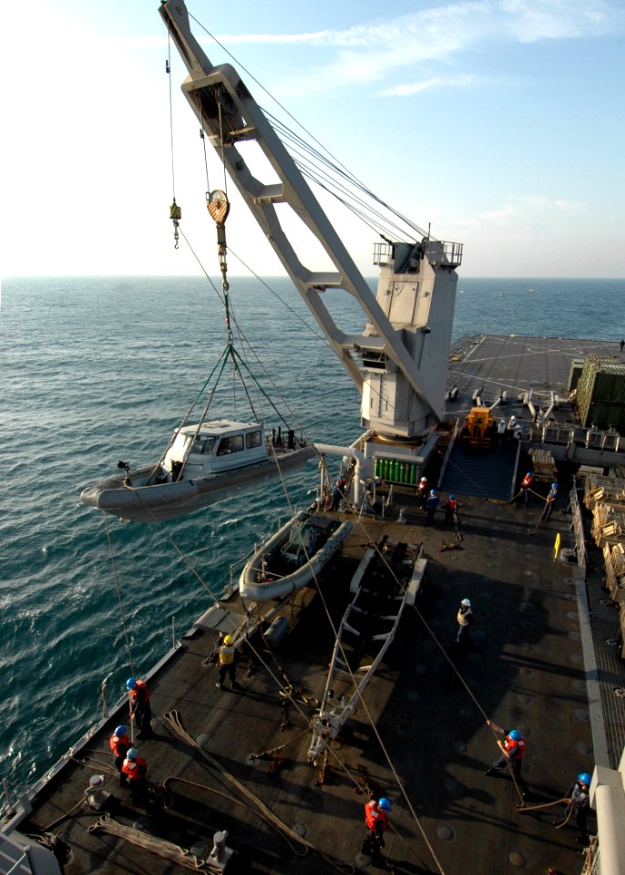 US Navy 090128-N-9134V-148 Sailors tend line during the lowering of an 11-meter rigid hull inflatable boat