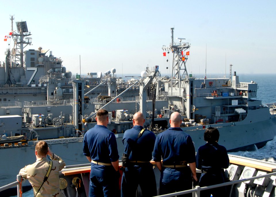 US Navy 090129-N-3392P-097 Sailors observe a replenishment at sea