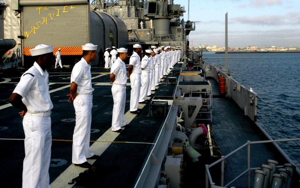 US Navy 090203-N-3316L-041 Sailors man the rails of USS Nashville (LPD 13)