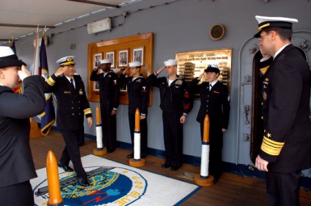US Navy 090203-N-1113S-001 Vice Adm. Tohru Izumi, commander-in-chief of the Japan Self-Defense Fleet is greeted by Vice Adm. John M. Bird, Commander, U.S. 7th Fleet
