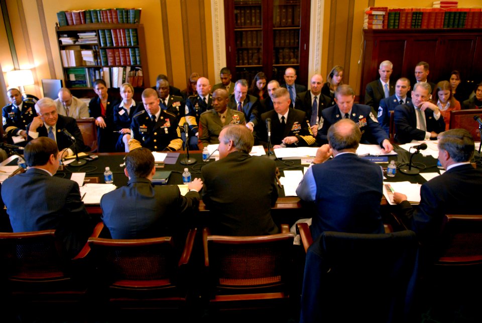 US Navy 090204-N-9818V-116 Master Chief Petty Officer of the Navy Rick West, second from right, testifies before the House Appropriations Subcommittee on Veteran's Affairs and Military Construction on Capitol Hill in Washington