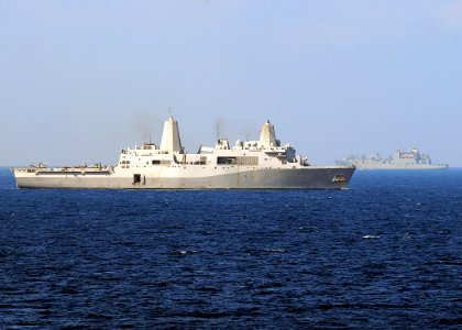 US Navy 090204-N-1082Z-032 SS San Antonio (LPD 17) passes by USNS Lewis and Clarke (T-AKE-1)