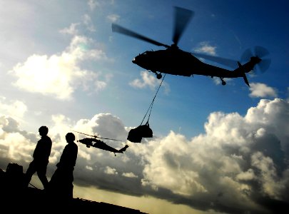 US Navy 090206-N-6538W-114 Sailors aboard the aircraft carrier USS John C. Stennis (CVN 74) wait to retrieve cargo delivered by an MH-60S Sea Hawk helicopter assigned to the