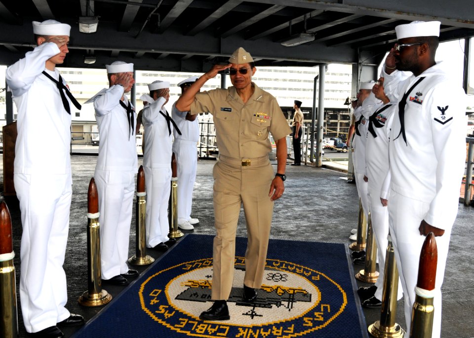 US Navy 120126-N-BK435-029 Adm. Cecil Haney, commander of U.S. Pacific Fleet passes through sideboys upon his arrival aboard submarine tender USS F