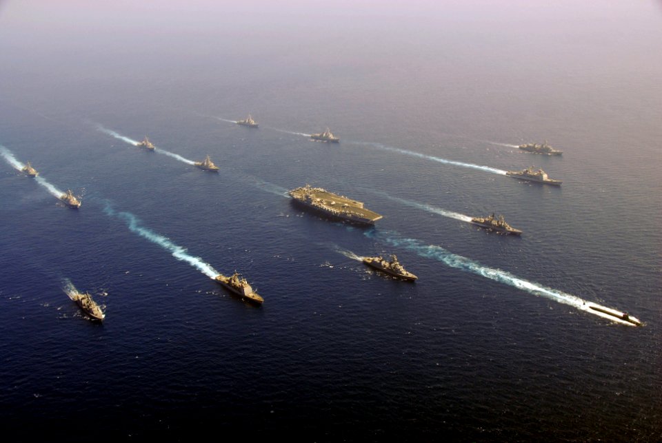 US Navy 090212-N-6597H-001 U.S. and Japanese ships transit in formation with the Nimitz-class aircraft carrier USS John C. Stennis (CVN 74)