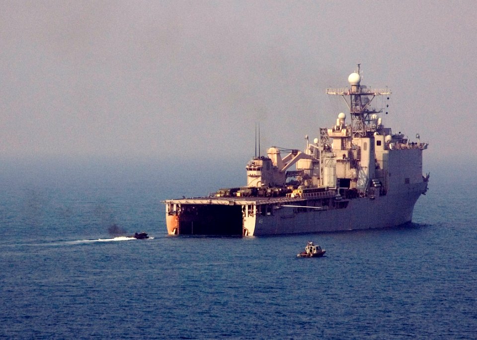 US Navy 090211-N-1251W-033 An amphibious assault vehicle approaches the stern of USS Tortuga (LSD 46)