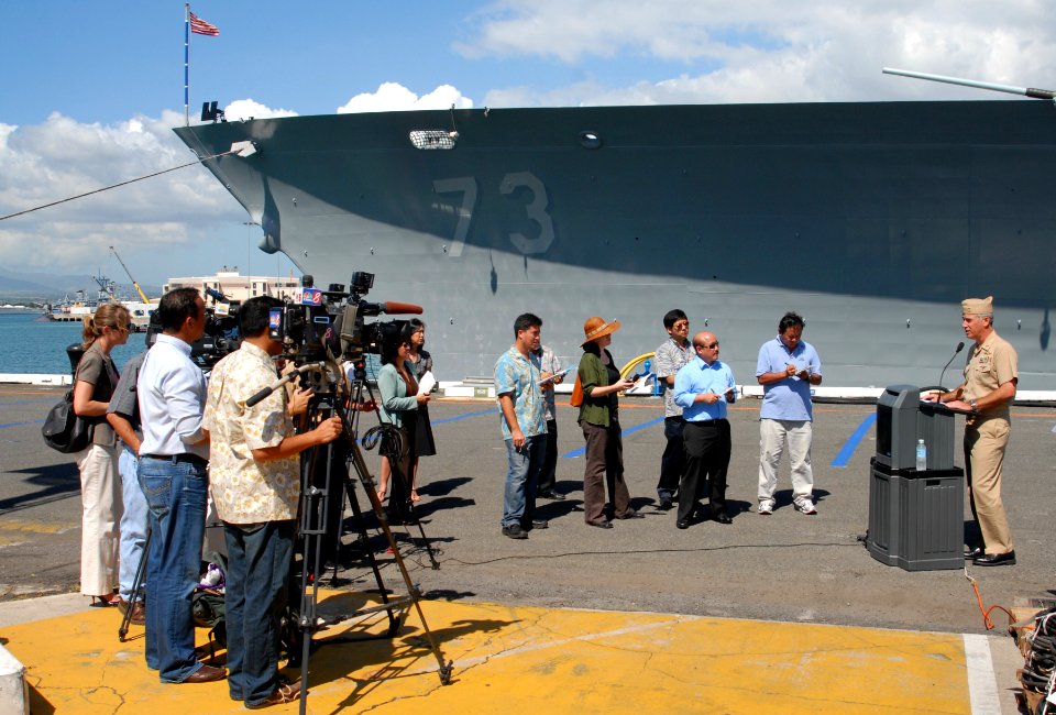 US Navy 090209-N-5476H-082 Rear Adm. Joseph Walsh, deputy commander of U.S. Pacific Fleet, speaks with media beside the guided-missile cruiser USS Port Royal (CG 73)