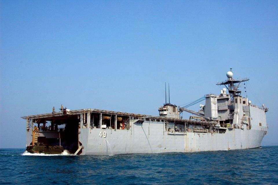 US Navy 090213-N-1251W-020 An amphibious assault vehicle assigned to the 31st Marine Expeditionary Unit (MEU) launches from the well-deck of the amphibious dock landing ship USS Harpers Ferry (LSD 49) during Exercise Cobra Gold
