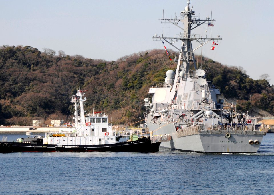 US Navy 090212-N-2638R-002 The tugboats Azuma and Shima guide the Arleigh Burke-class guided-missile destroyer USS Fitzgerald (DDG 62) toward her berth at Fleet Activities Yokosuka