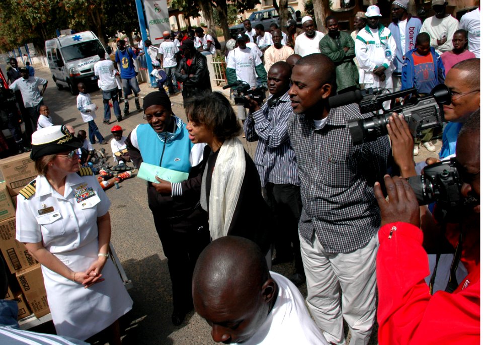 US Navy 090208-N-1655H-245 Capt. Cynthia Thebaud, commander of Africa Partnership Station, is interviewed during the Journee Mondiale de Lutte Contre le Cancer or World Day Against Cancer event at La Dantec hospital