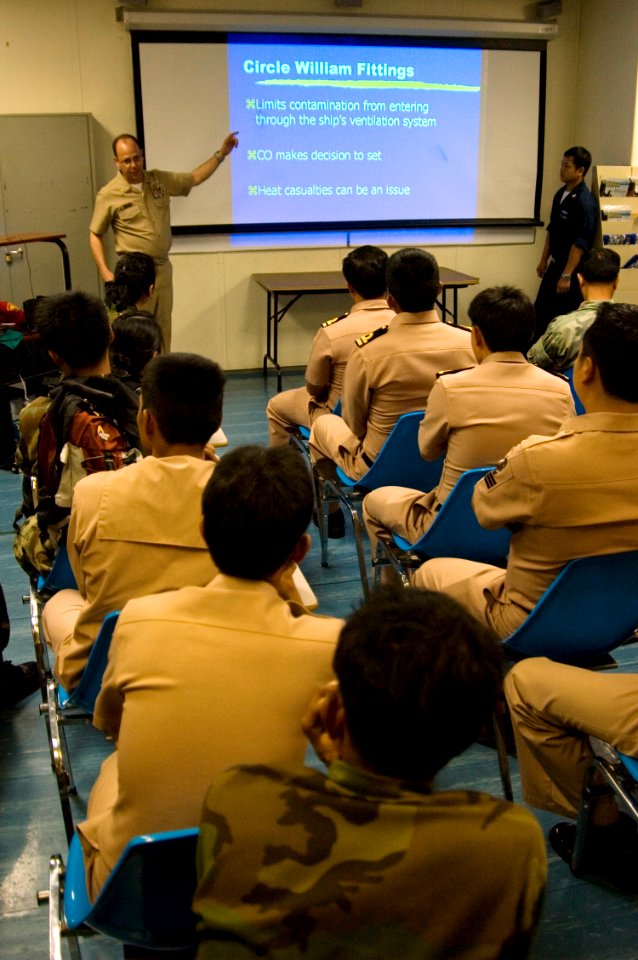 US Navy 090209-N-1251W-109 Senior Chief Damage Controlman Erich Buhler gives a chemical, biological, and radiological presentation to personnel from the Royal Thai Navy