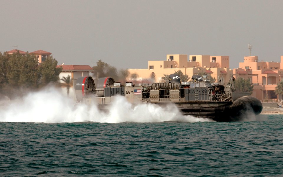 US Navy 090210-N-9671T-231 A landing craft air cushion departs the beach at Kuwait Naval Base