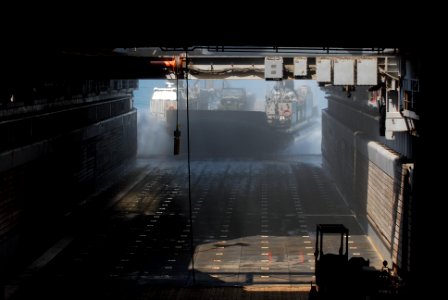 US Navy 090214-N-6936D-081 Landing craft air cushion (LCAC) 57, from Assault Craft Unit (ACU) 1, departs the flight deck of the forward-deployed amphibious dock landing ship USS Tortuga (LSD 46) during exercise Cobra Gold 09