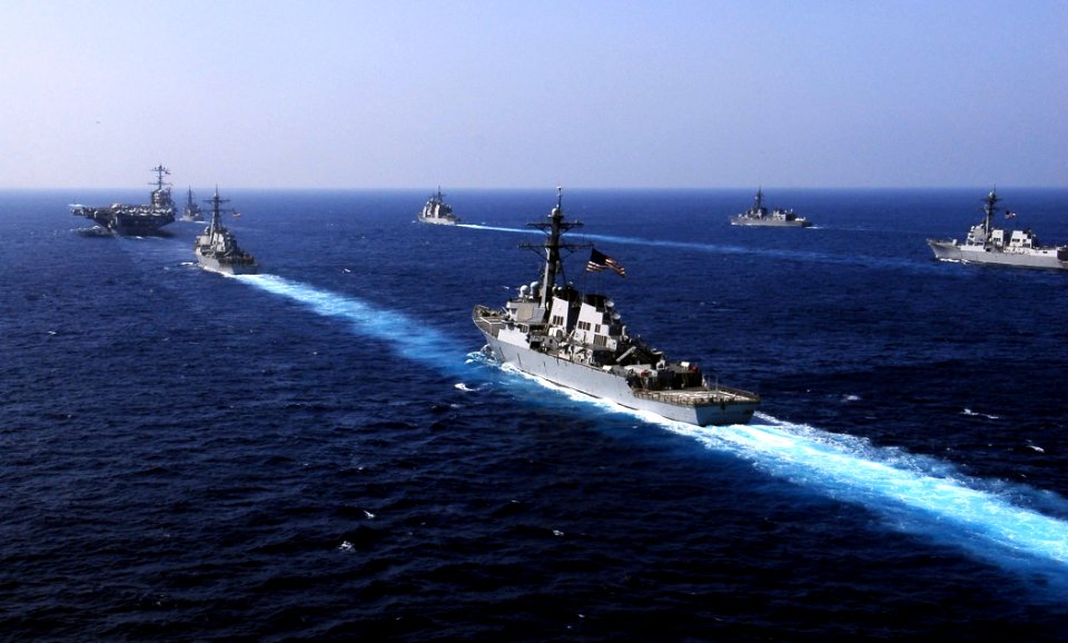 US Navy 090212-N-6538W-026 U.S. and Japanese ships transit in formation with the Nimitz-class aircraft carrier USS John C. Stennis (CVN 74)