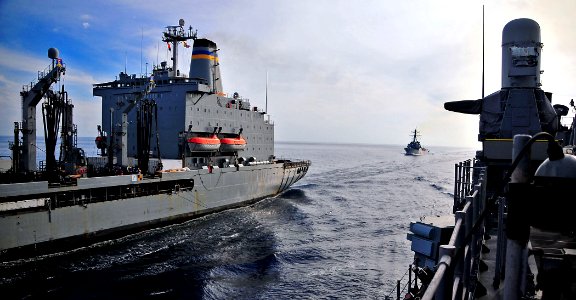 US Navy 090212-N-4774B-110 The Military Sealift Command fleet replenishment Oiler USNS Rappahannock (T-AO 204), left, is underway alongside the guided-missile cruiser USS Lake Champlain (CG 57)